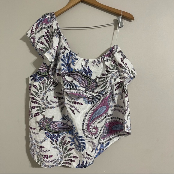 LOFT Tops - Loft Paisley Linen Blend Belted ruffle one shoulder blouse XL